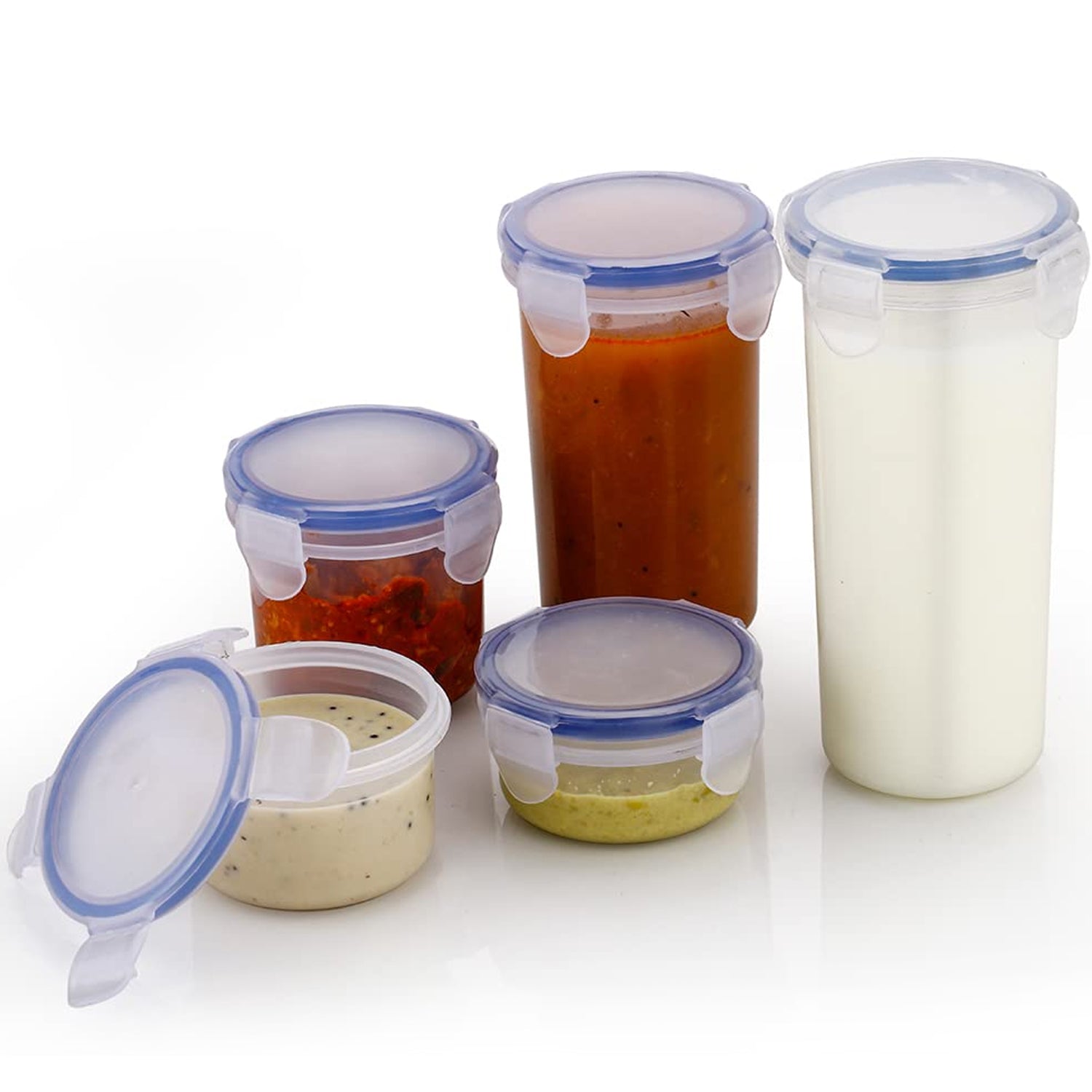 Round plastic food storage container with airtight locking lid for leak-proof storage. Round plastic food storage container with airtight locking lid for leak-proof storage.